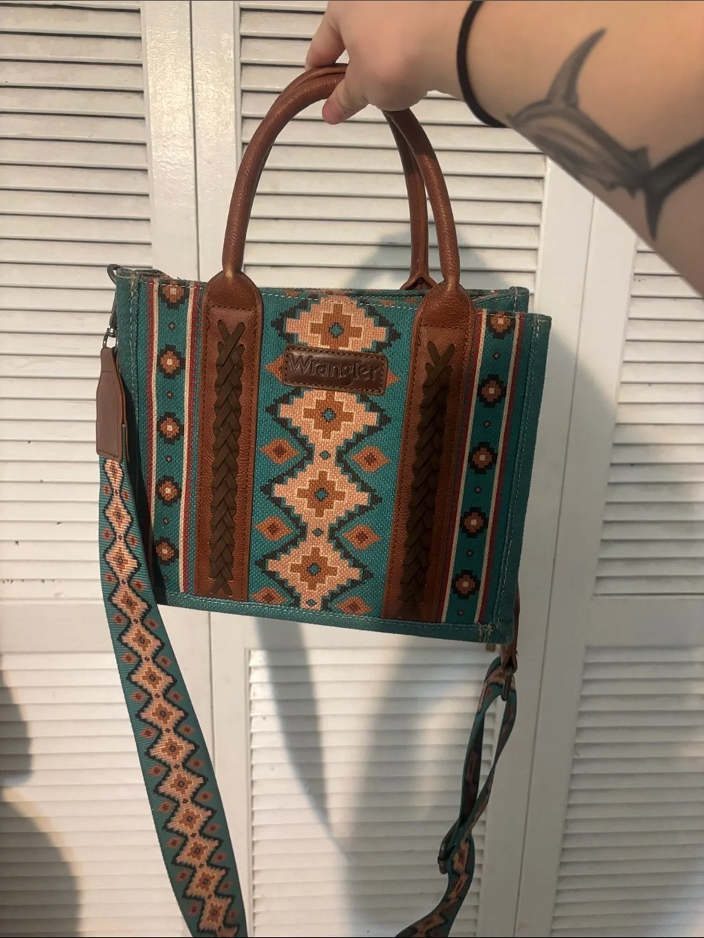 Wrangler Turquoise Aztec Crossbody Tote with Brown Trim